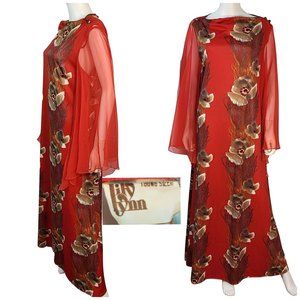 VOLUP Vtg Giant Op Art Red Poppy Poly Maxi Dress Sheer Drama Sleeve Lily Lynn
